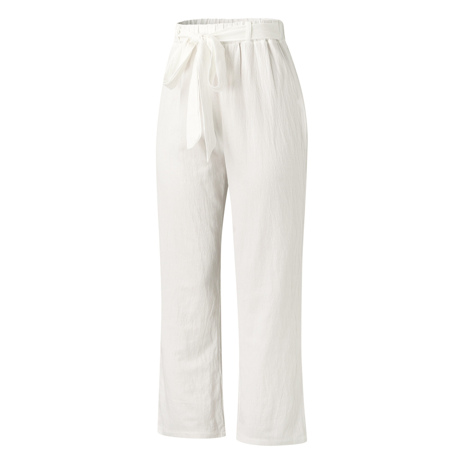 thumbnail image 5 of Pantalones anchos de algodón y lino para mujer: cintura alta elástica, cordón, transpirables, ropa informal para la oficina y la playa, tallas S-XXL, cintura de 66 a 88 cm., 5 of 6